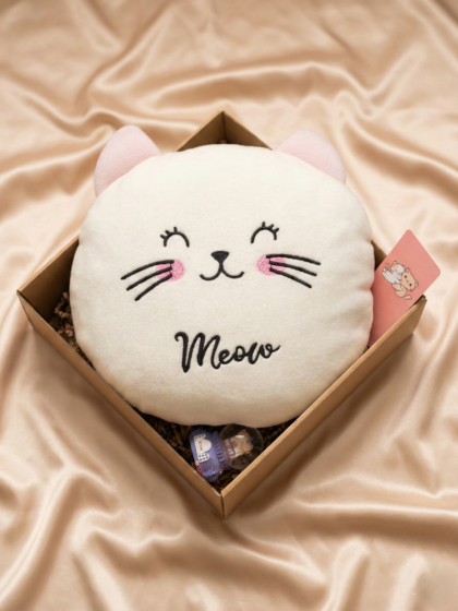 Sevimli Meow Kedi Yastık ve Kar Küresi Hediyelik Seti