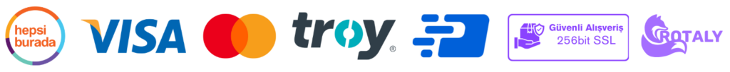 Hepsiburda, Visa, Mastercard, PayTR, Güvenli alışveriş 256 bit SSL Sertifikası ve Rotaly Store Logo